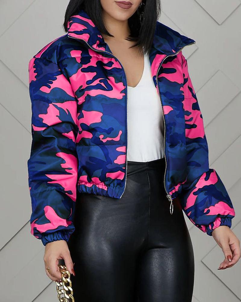 

Camouflage Print Zipper Design Gilet Puffer Jacket, Hot pink