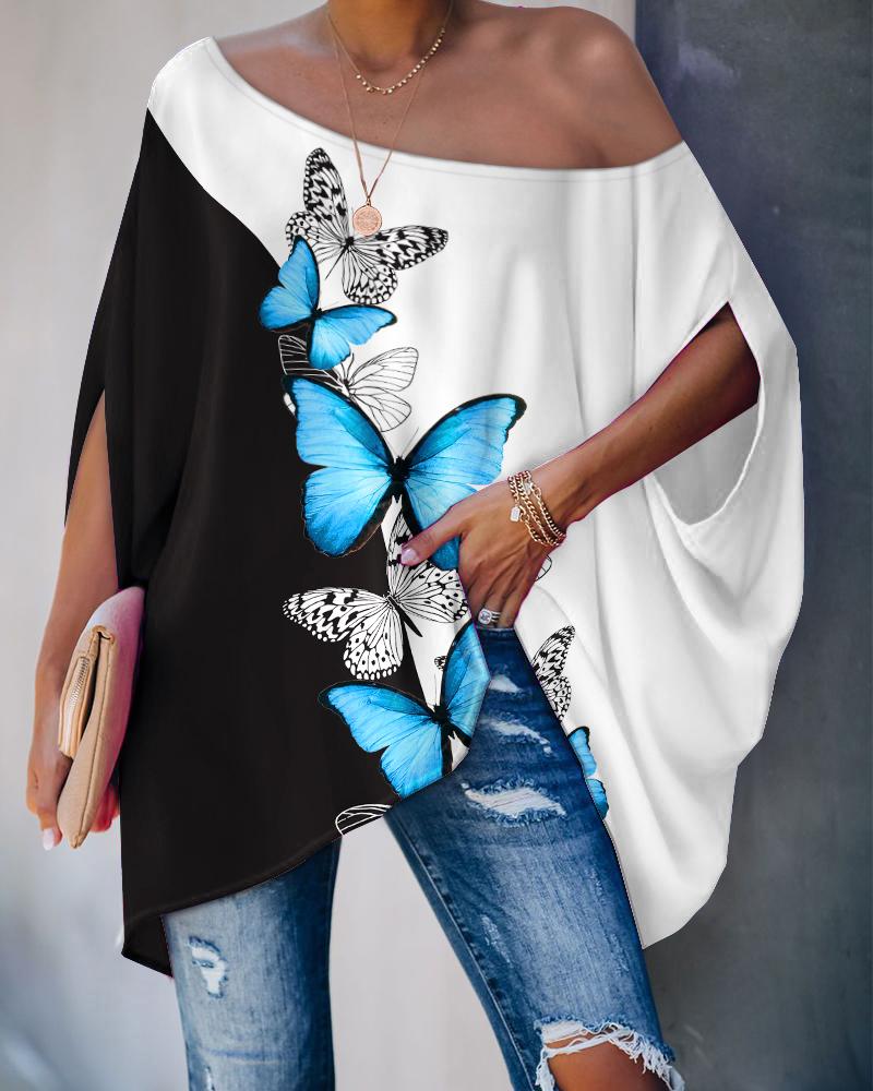 

Colorblock Butterfly Print Batwing Sleeve Top, Blackwhite