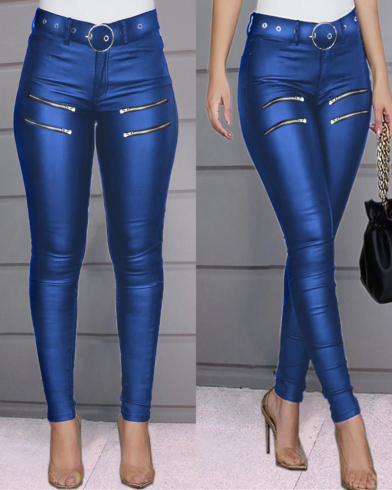 

Pantalon skinny en cuir PU taille haute avec fermeture à glissière, Blue