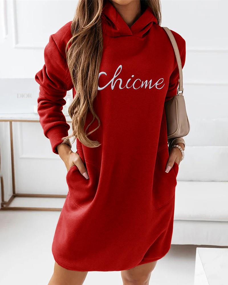 

ChicMe Pocket Design Letter Print Hooded Sweatshirt Dress, Red