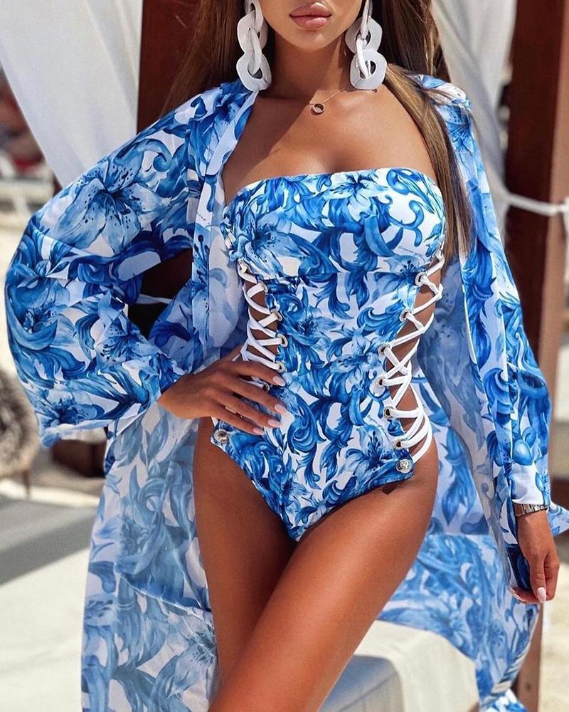 

Floral Print Eyelet Lace Up One Piece Swimsuit With Cover Up, Blue