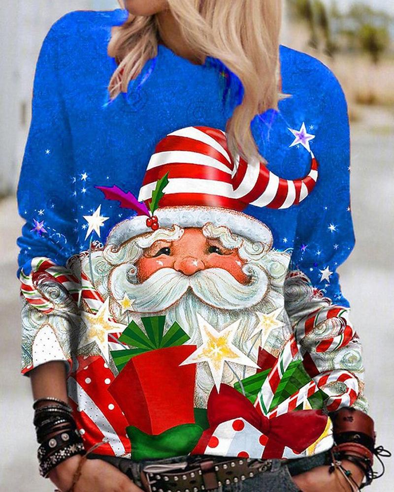 

Christmas Santa Gift Print Round Neck Top, Blue