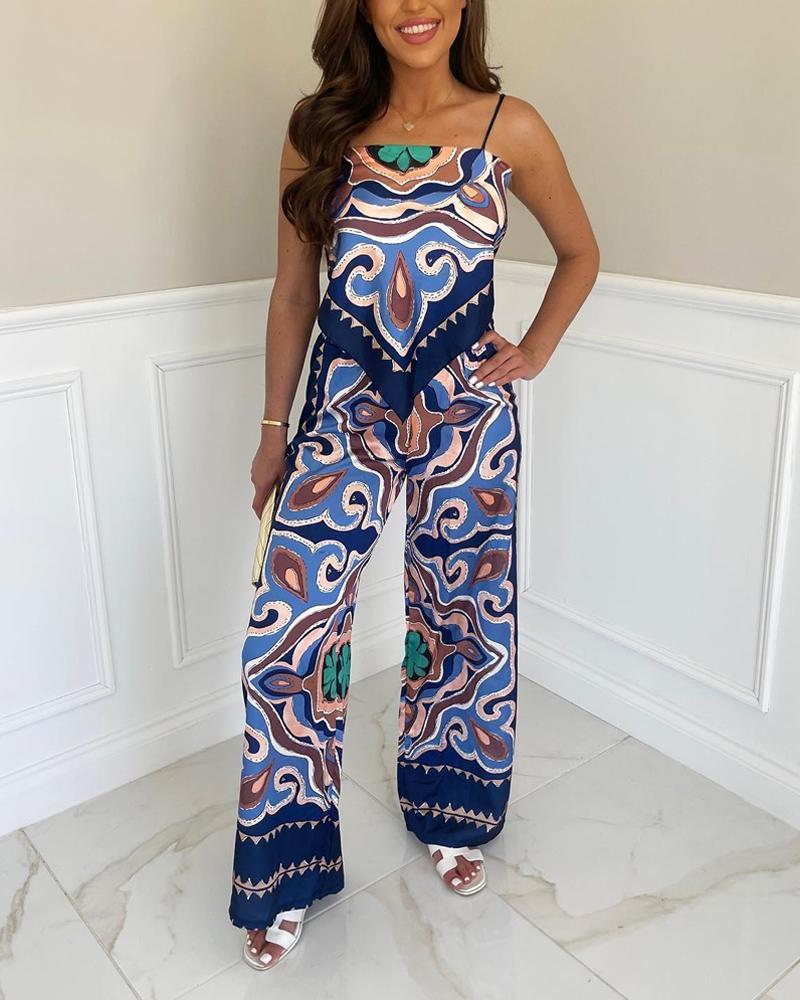 

All Over Print Hanky Hem Cami Top & Wide Leg Pants Set, Blue