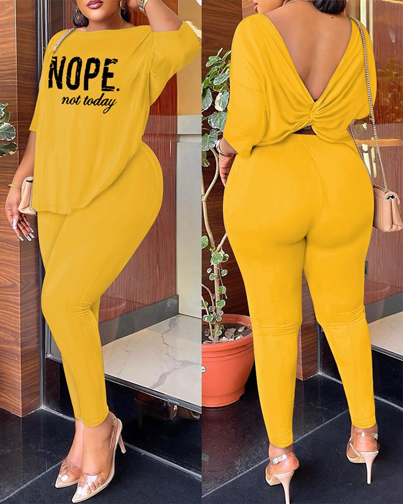 

Nope Not Today Print Twisted Backless Top & Pants Set, Yellow