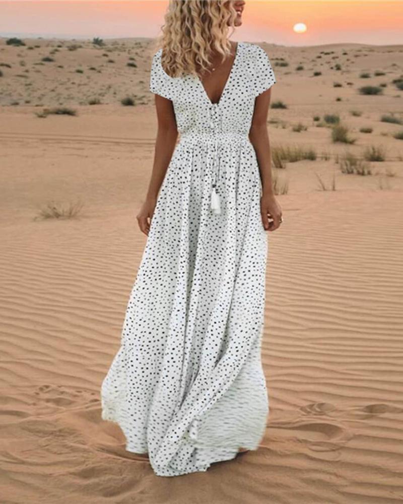

Polka Dot Print Tassel Decor Maxi Dress, Beige