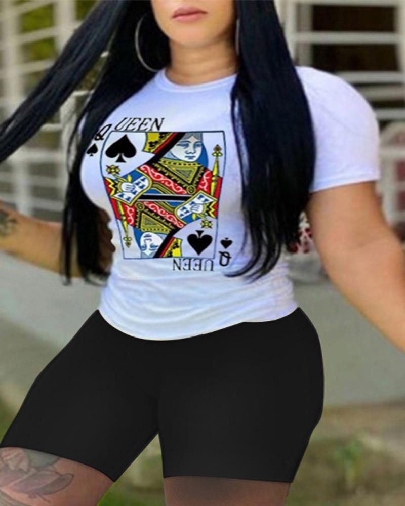 

Plus Size Poker Print Casual Top & Shorts Set, Black