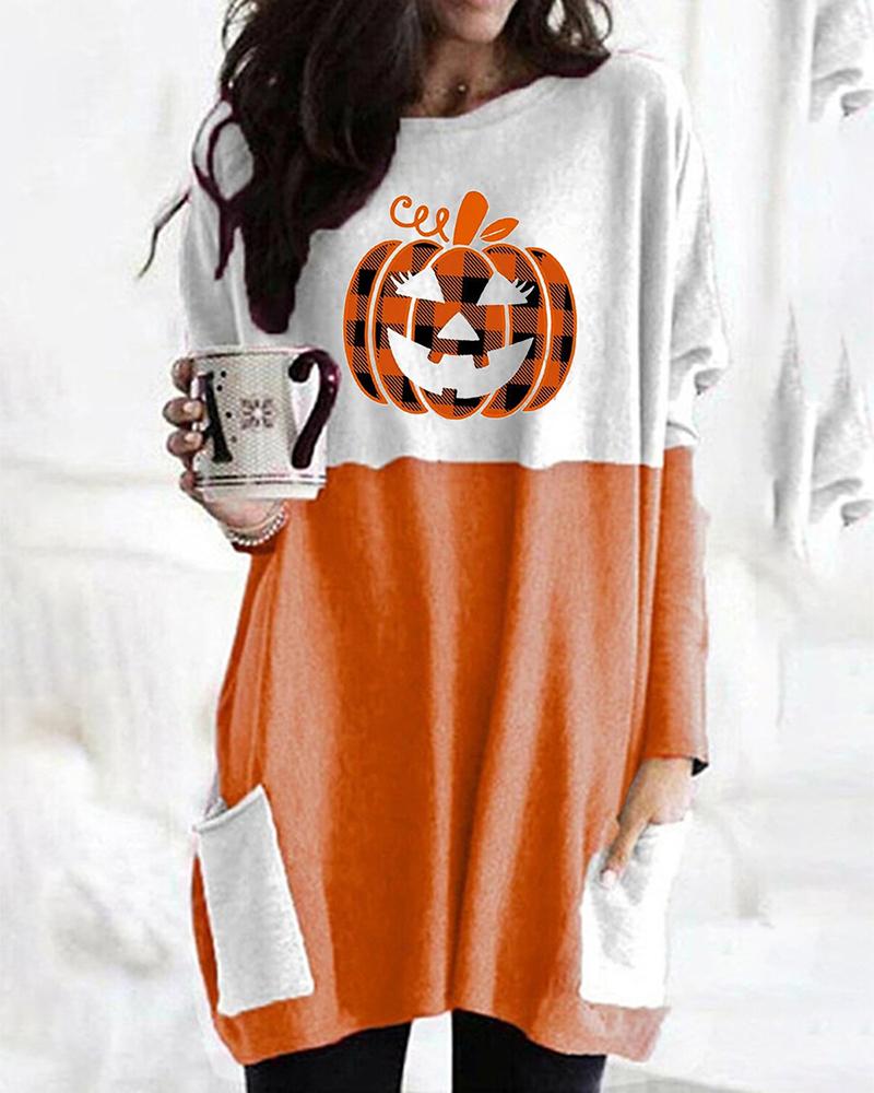 

Halloween Pumpkin Print Long Sleeve Top, Orange
