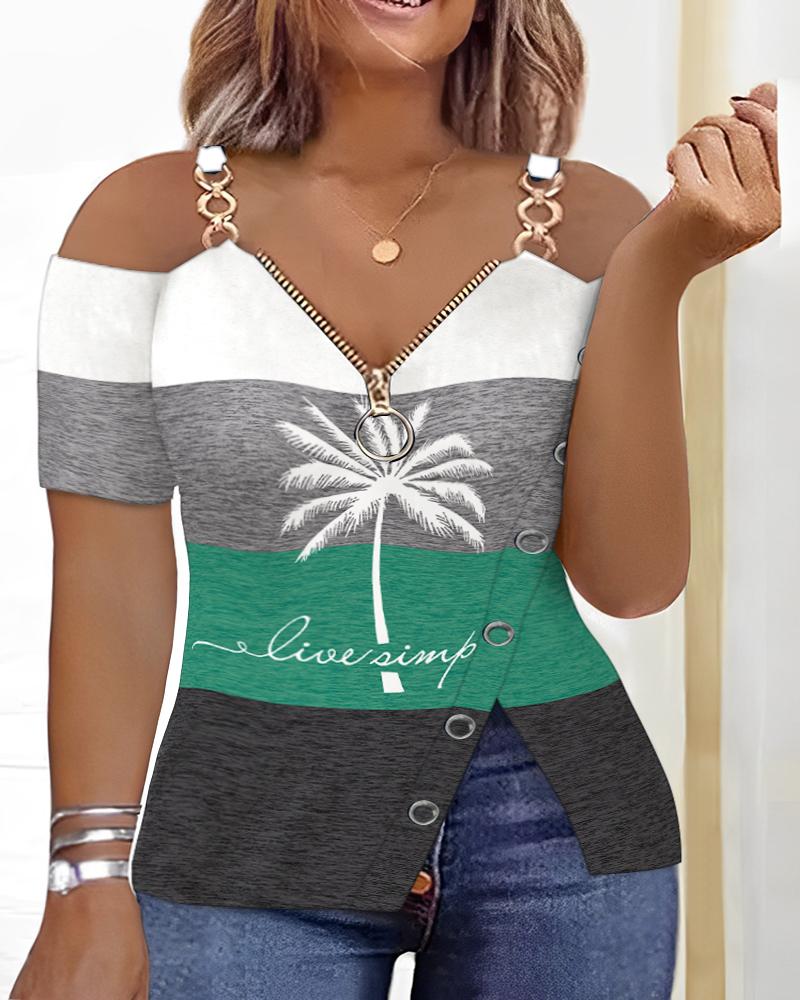 

Plus Size Coconut Tree Print Striped Colorblock Slit Cold Shoulder Top, Multicolor