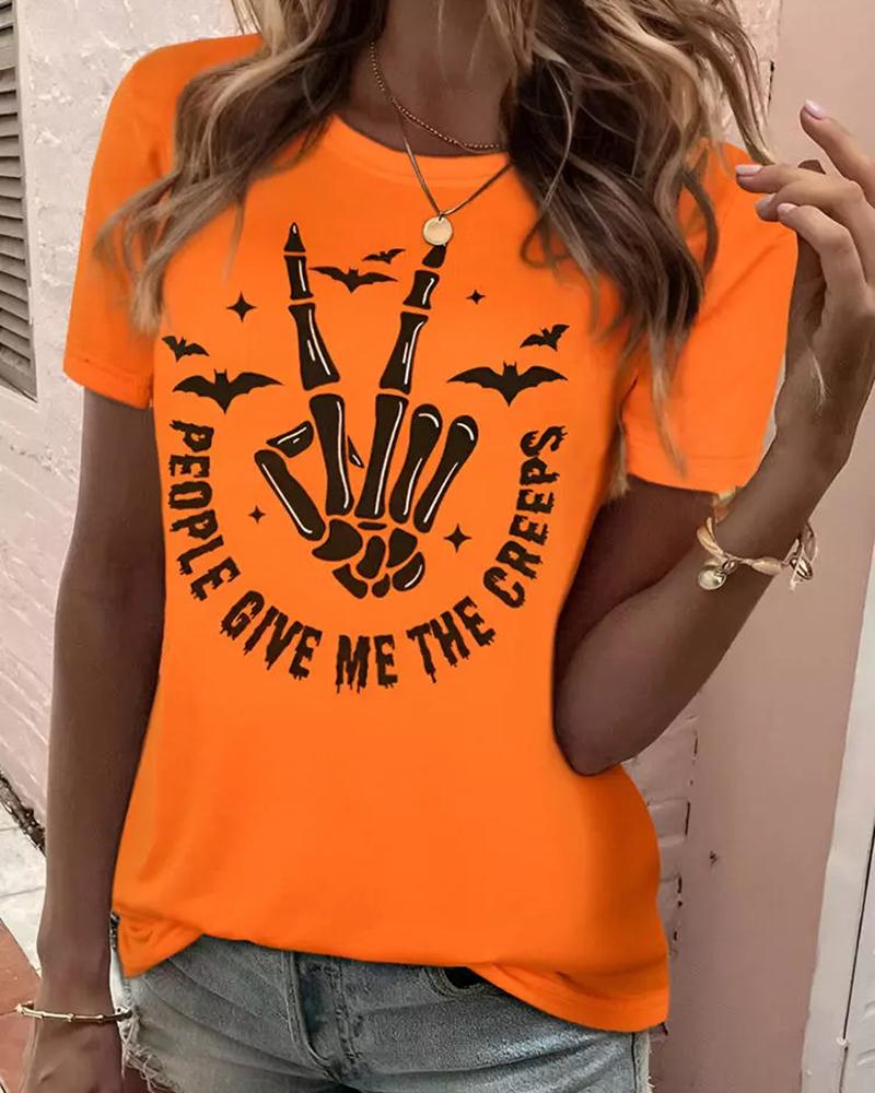 

Halloween People Give Me The Creeps Skeleton Hands Bat Print Top, Orange