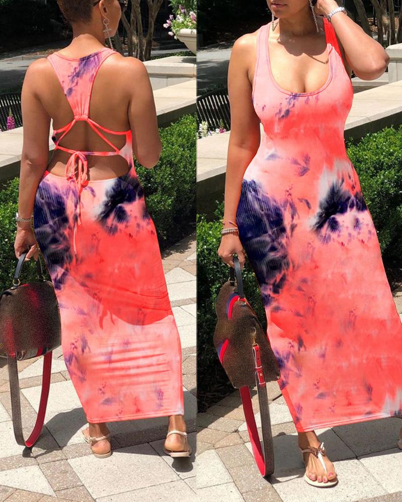 

Cut Out Back Tie Dye Print Dress, Red