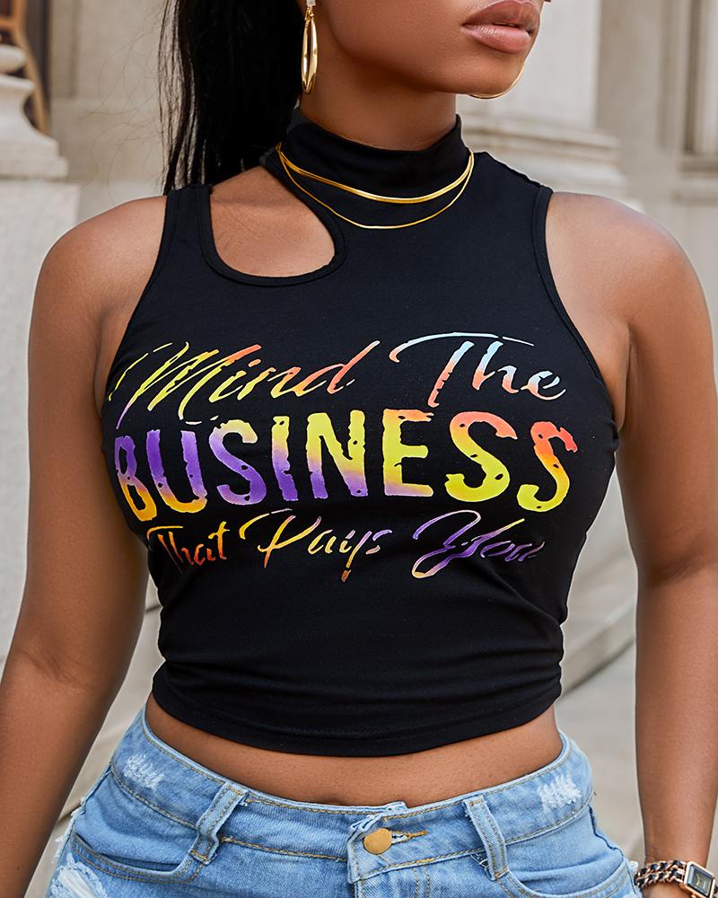 Mind The Business That Pays You Print Cutout Crop Tank Top