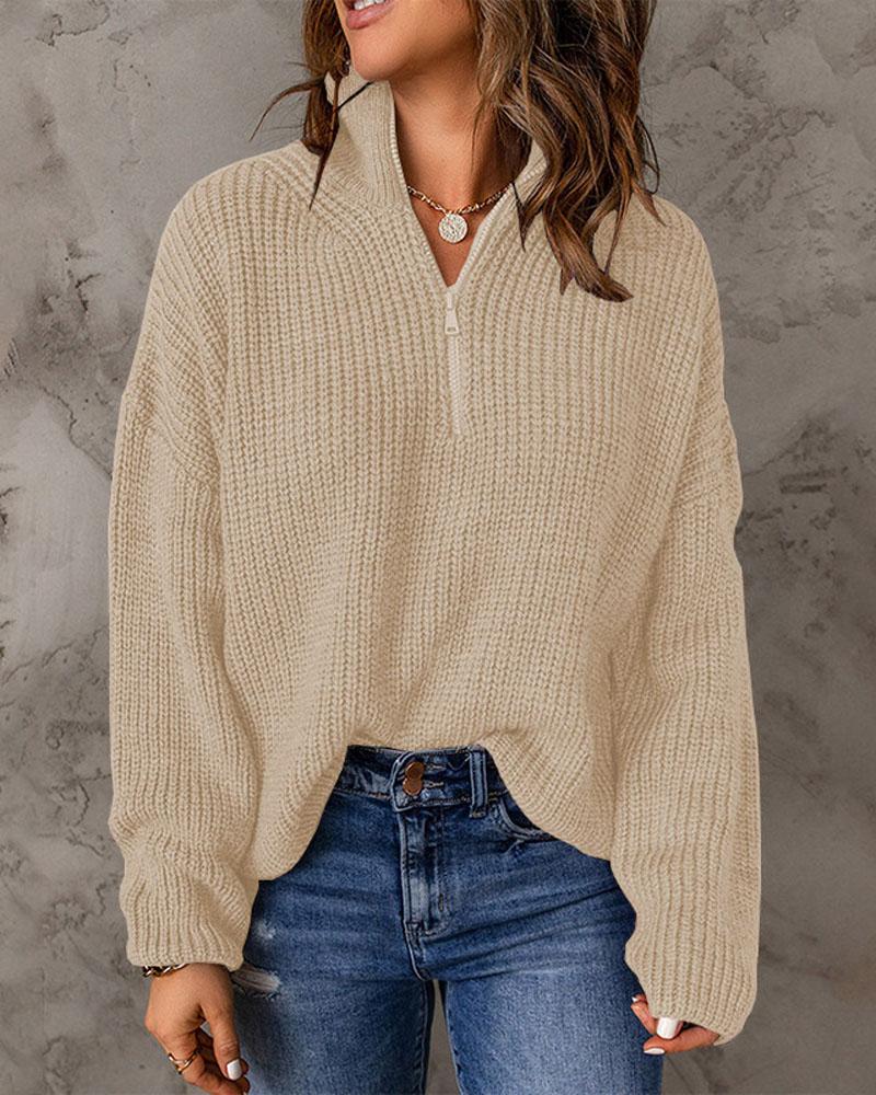 

Long Sleeve Zip Detail Chunky Knit Sweater, Apricot