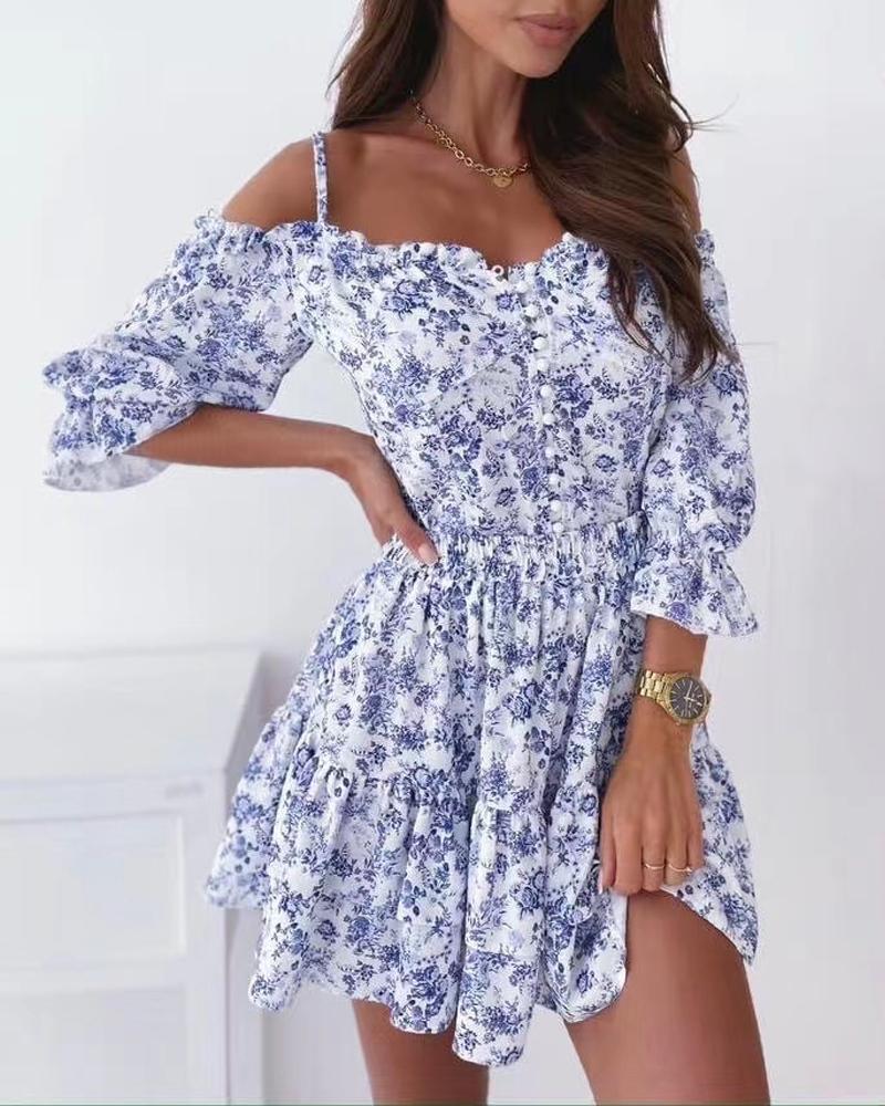 

Floral Print Cold Shoulder Top & Ruffle Hem Skirt Set, Blue