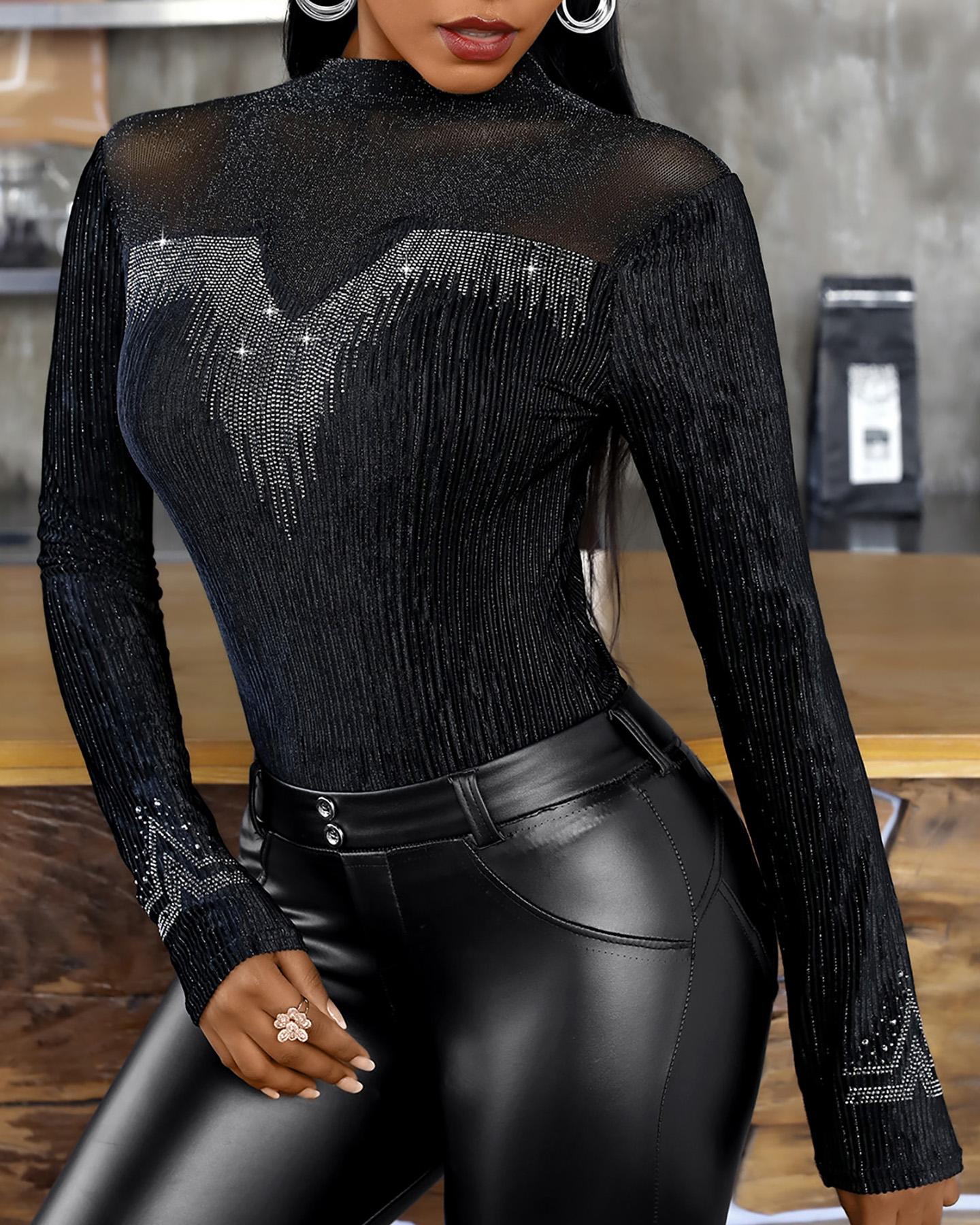 

Studded Sheer Mesh Long Sleeve Top, Black