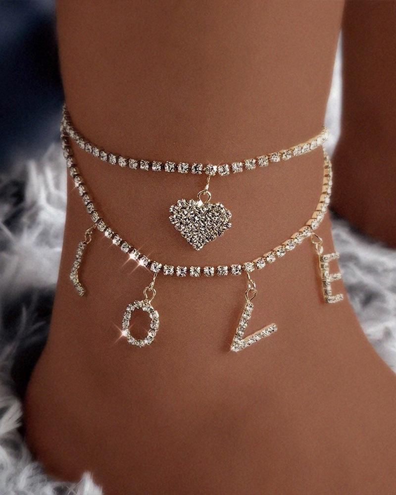 

2pcs Letter Heart Pendant Layered Chain Anklet, Gold