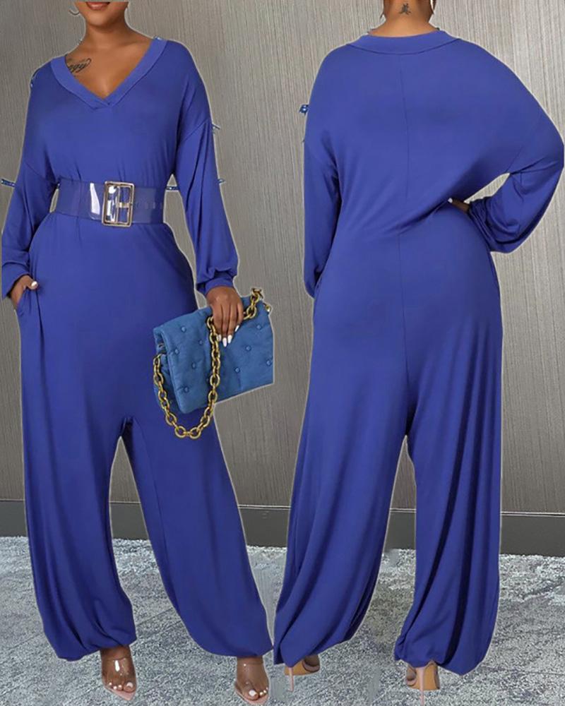 

Pocket Design Wide Leg Jumpsuit Without Belt, Blue