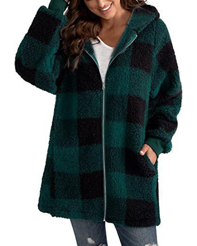 

Plaid Print Zipper Pocket Design Lined Hooded Coat, Dark green