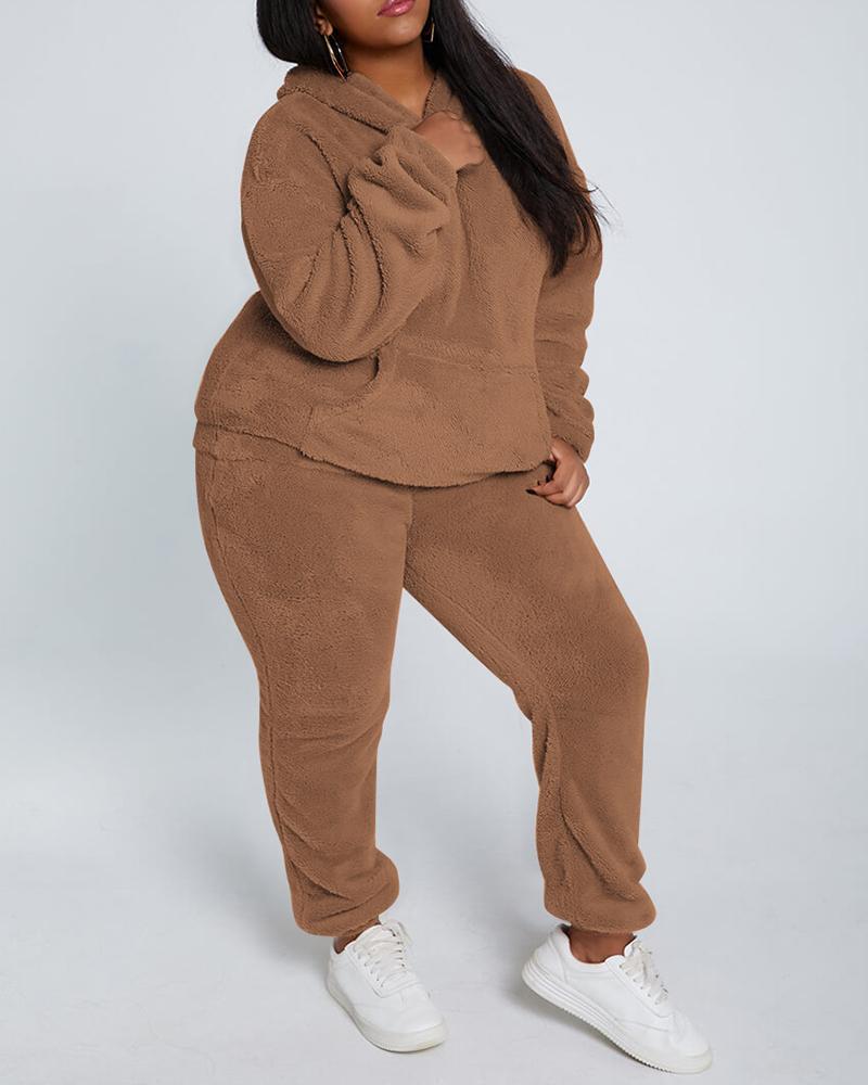 

Pocket Design Hooded Fluffy Coat & High Waist Pants Set, Khaki