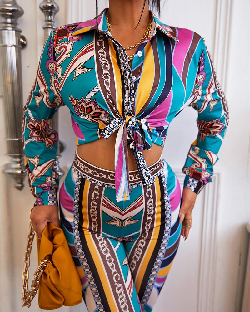 

Scarf Chain Print Button Up Top & Pants Set, Multicolor