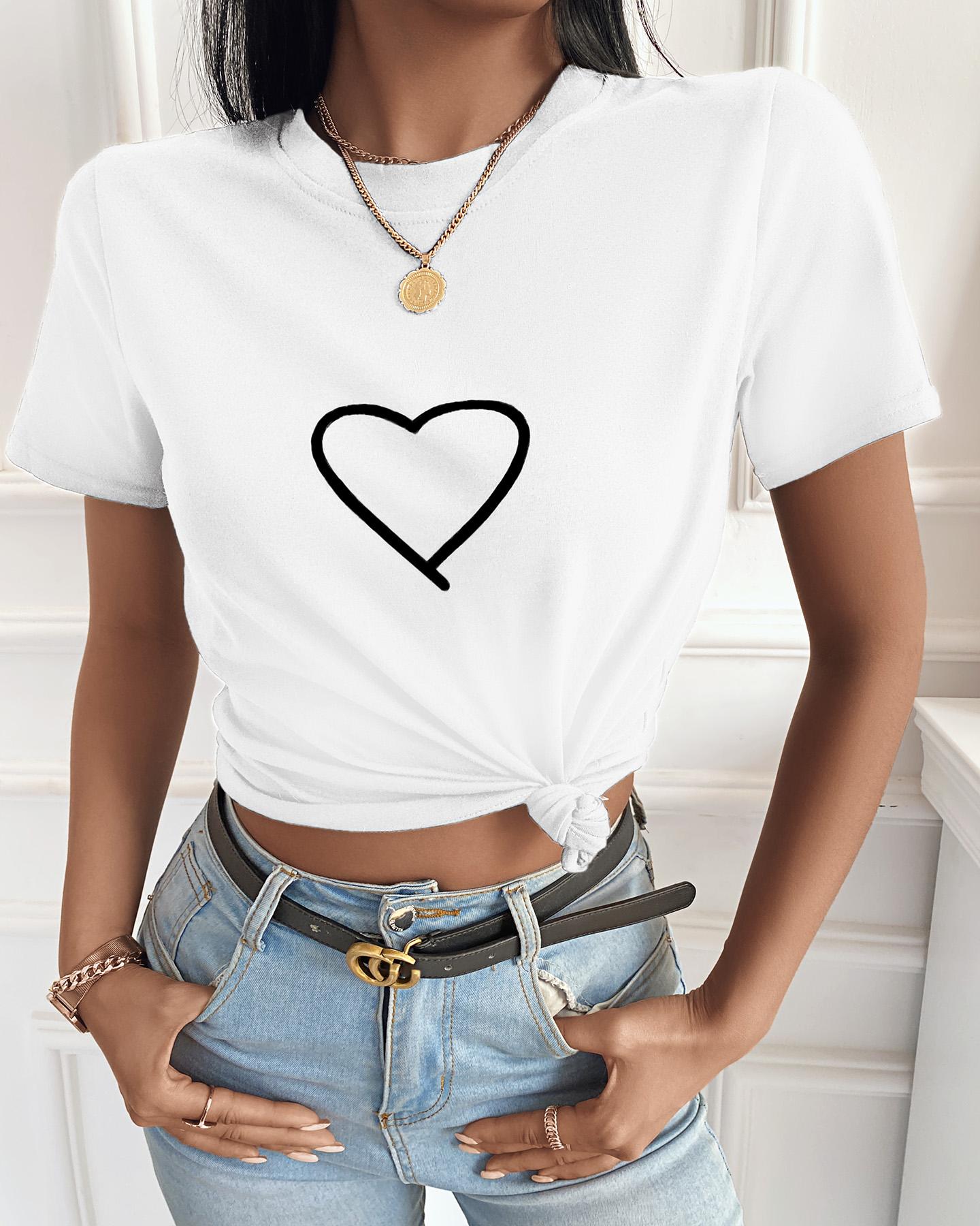 

Heart Print Short Sleeve Casual T-shirt, White