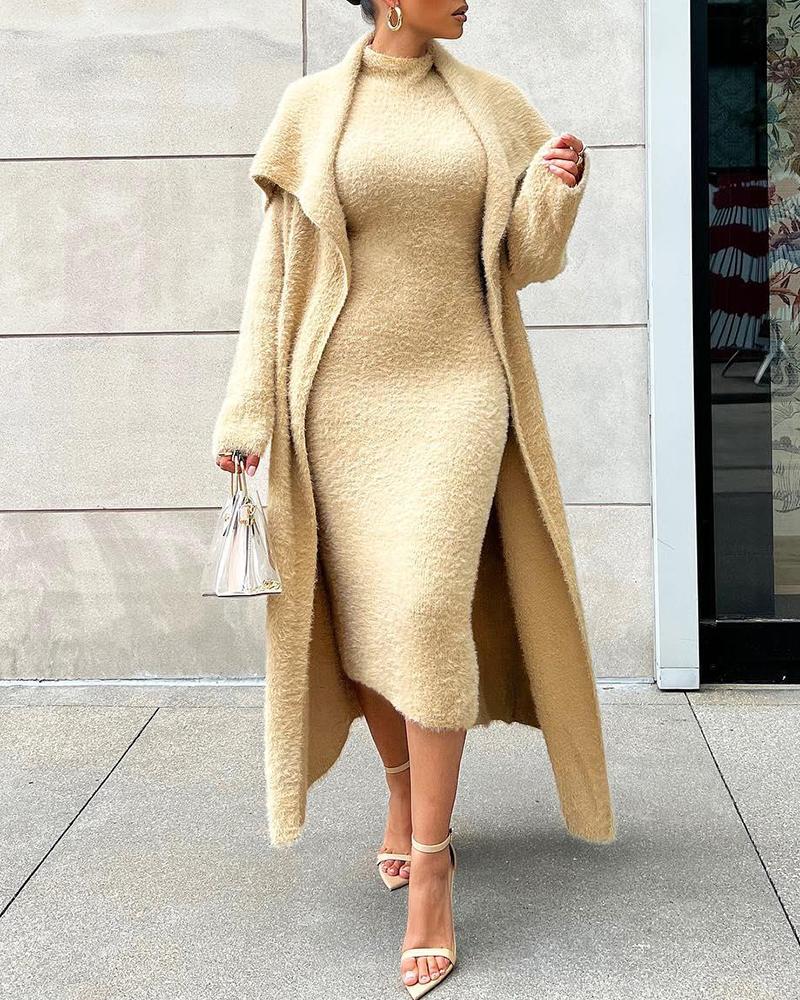 

Fuzzy Mock Neck Midi Dress & Long Sleeve Cardigan Set, Khaki