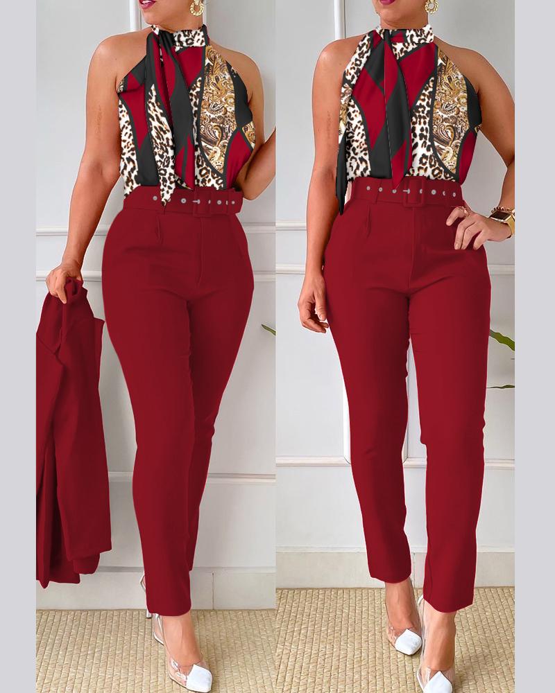 

Baroque Leopard Print Tank Top & Pants Set With Belt, Red