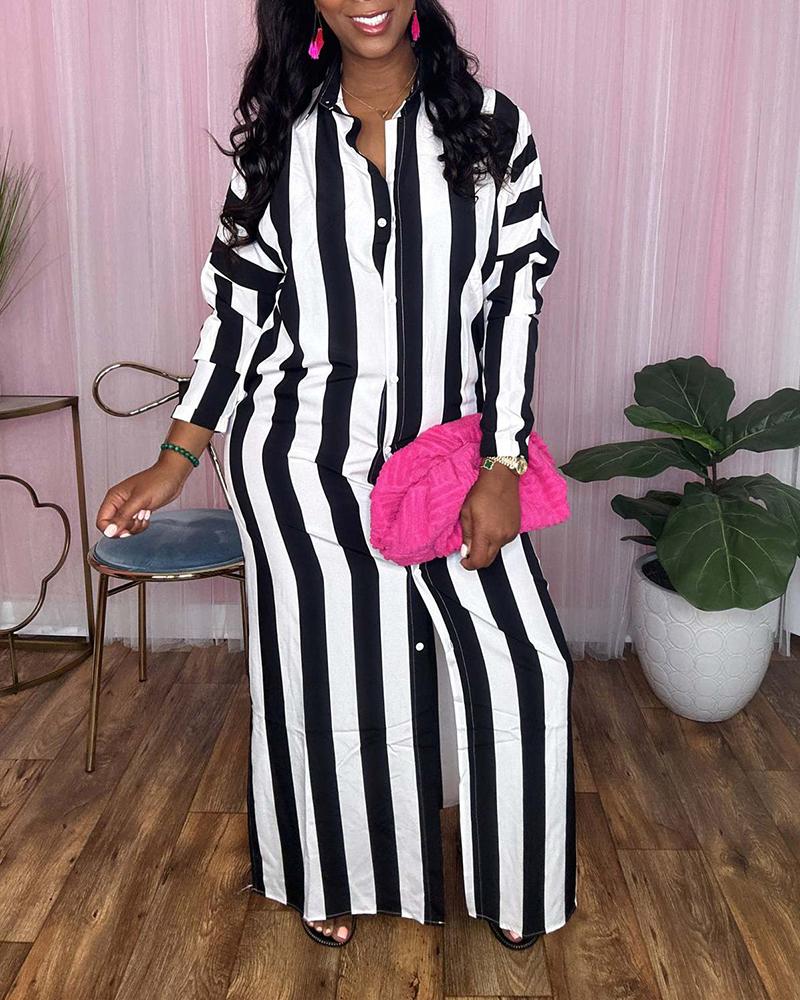 

Striped Turn-down Collar Buttoned Slit Shirt Dress, White