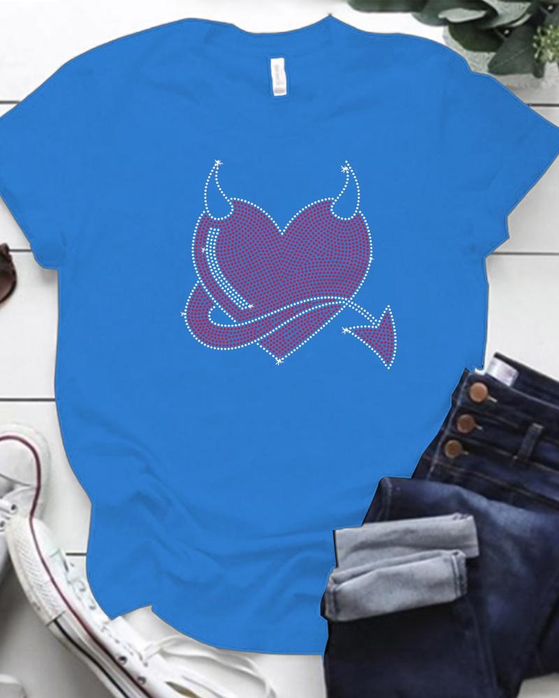 

Christmas Rhinestone Heart Pattern Casual T-shirt, Blue