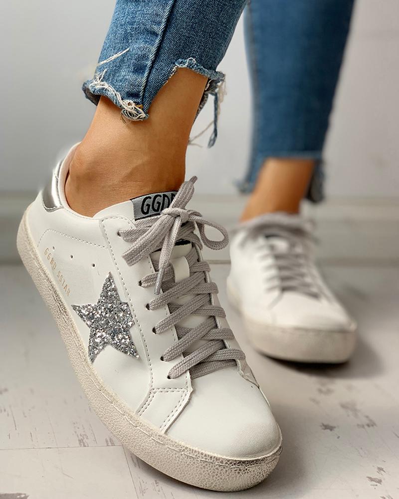 

Sequins Star Design Casual Lace-Up Sneakers, Silver
