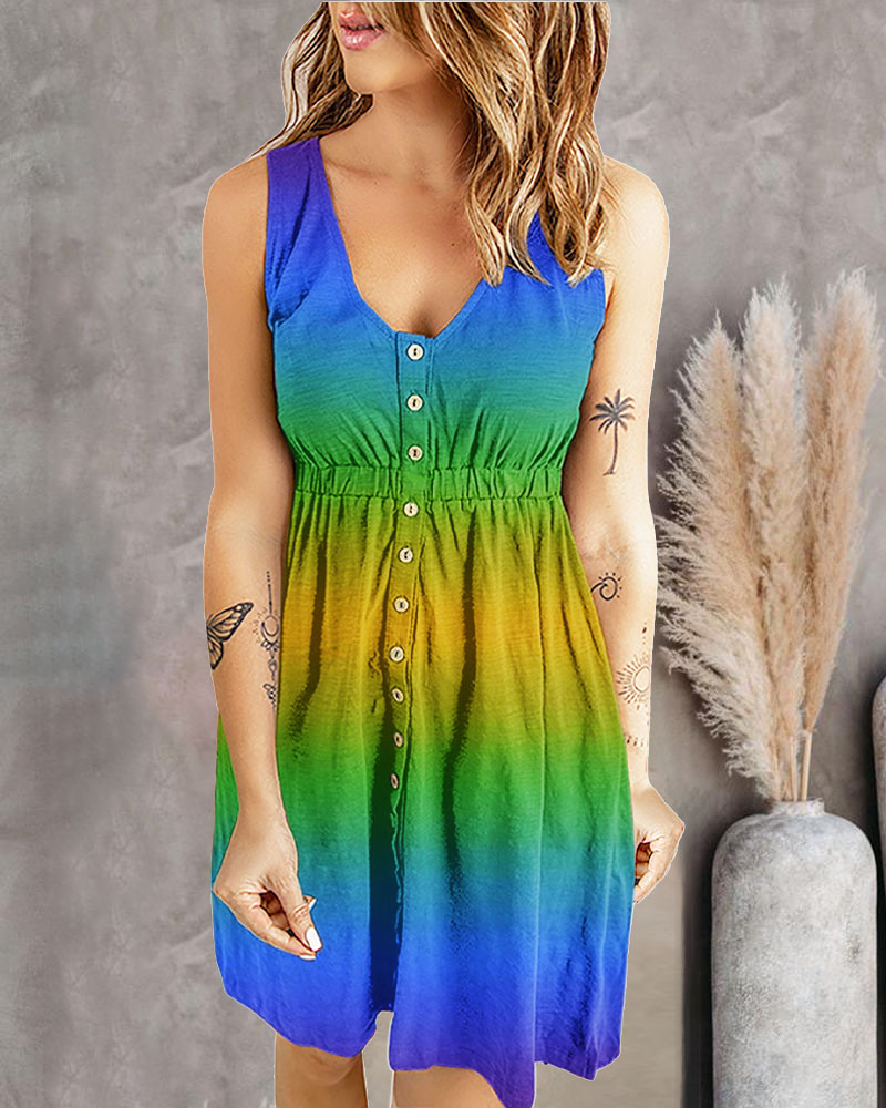 

Ombre Button Front Sleeveless Casual Dress, Blue