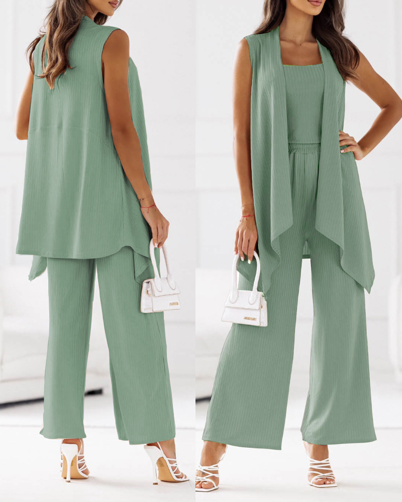 

Square Neck Cami Top & Flared Leg Pants Set With Coat, Green