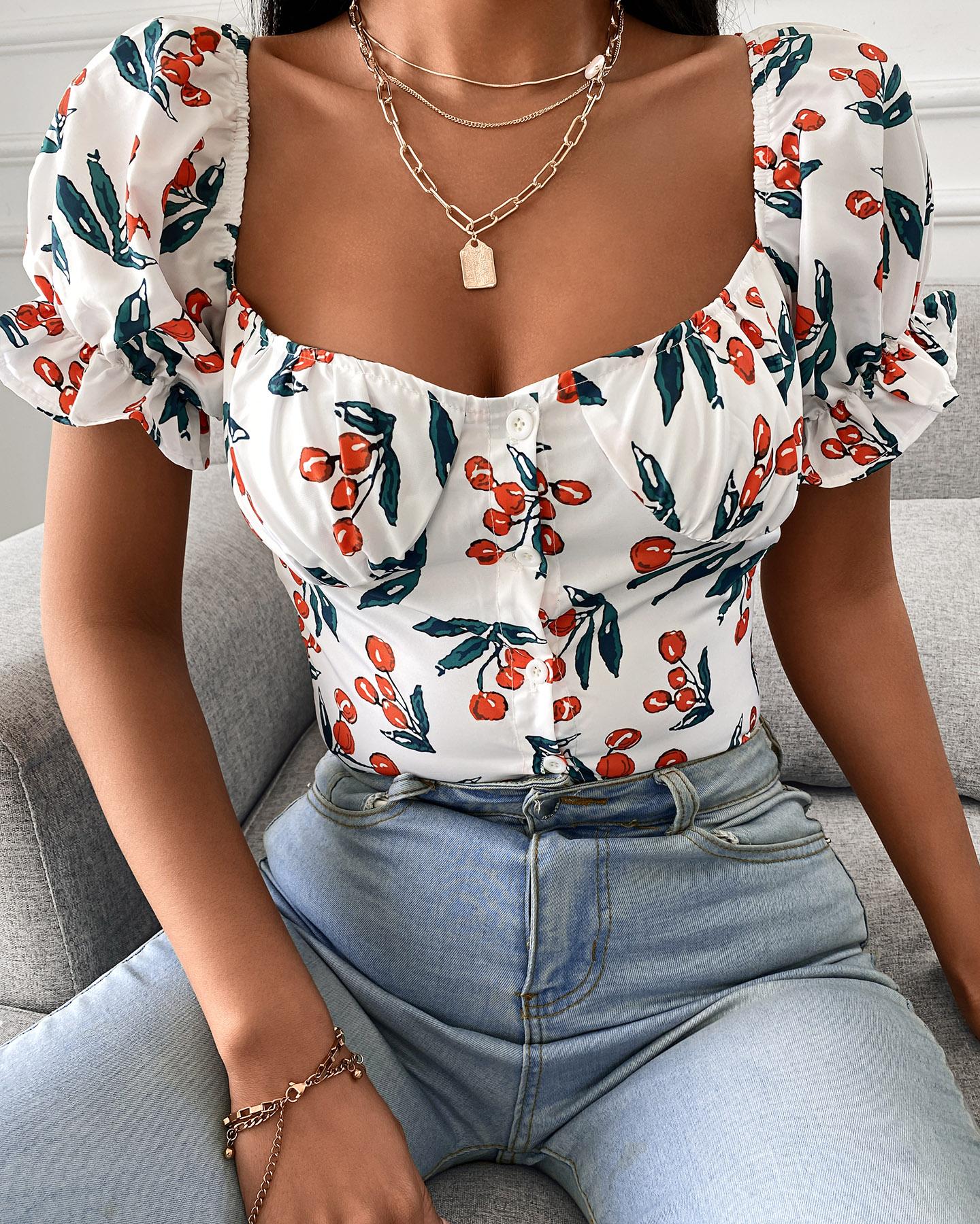 

Floral Print Square Neck Short Sleeve Top, White