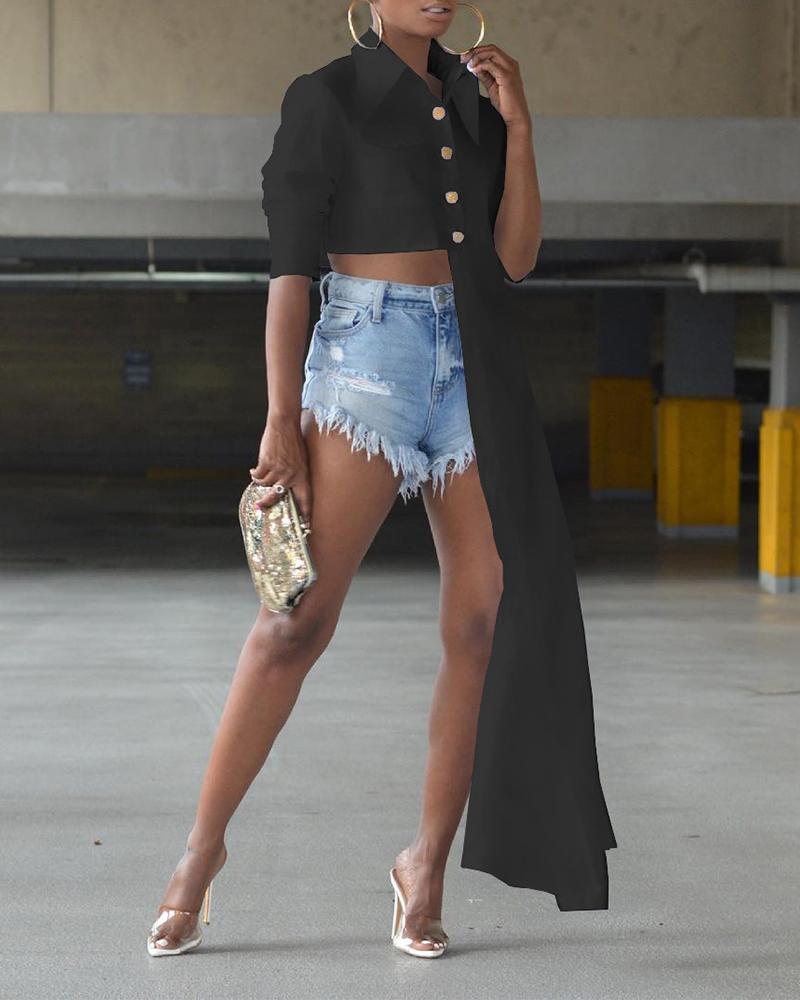 

Solid Color Button Front Asymmetrical Hem Top, Black