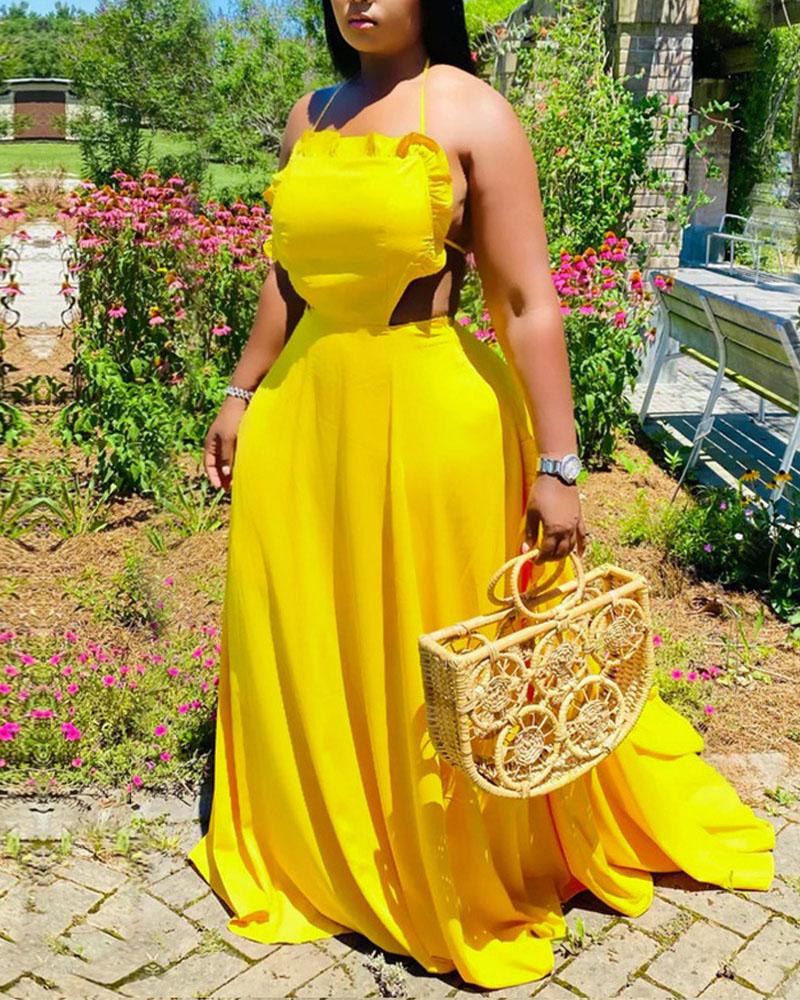 

Plus Size Halter Backless Ruffle Trim Maxi Dress, Yellow