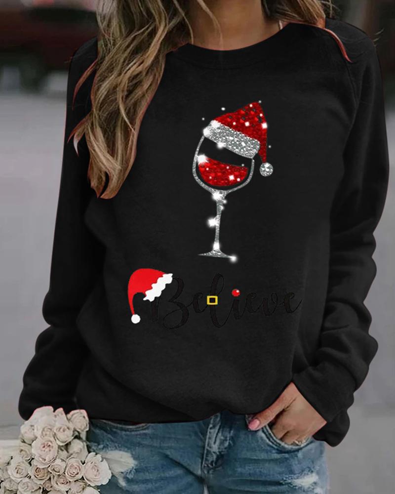 

Christmas Graphic Letter Print Long Sleeve Top, Black