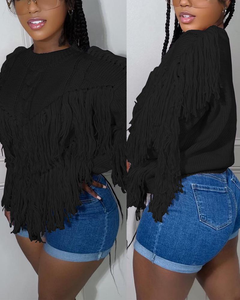 

Long Sleeve Tassel Trim Cable Knit Sweater, Black