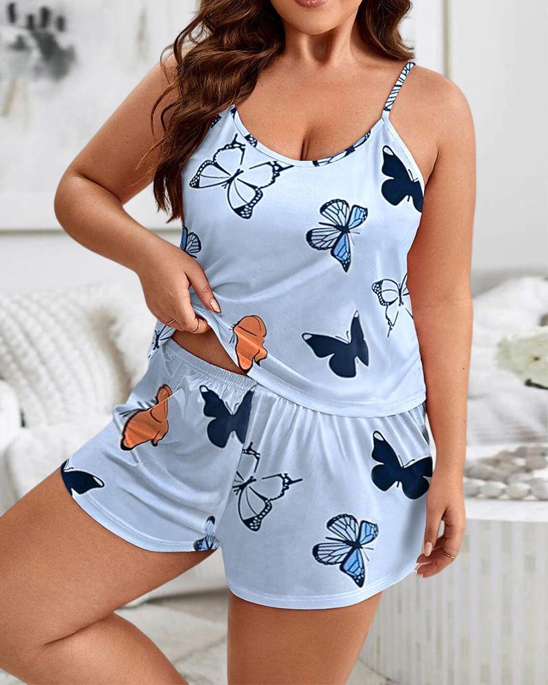 

Plus Size Butterfly Print V-Neck High Waist Cami Set, Blue