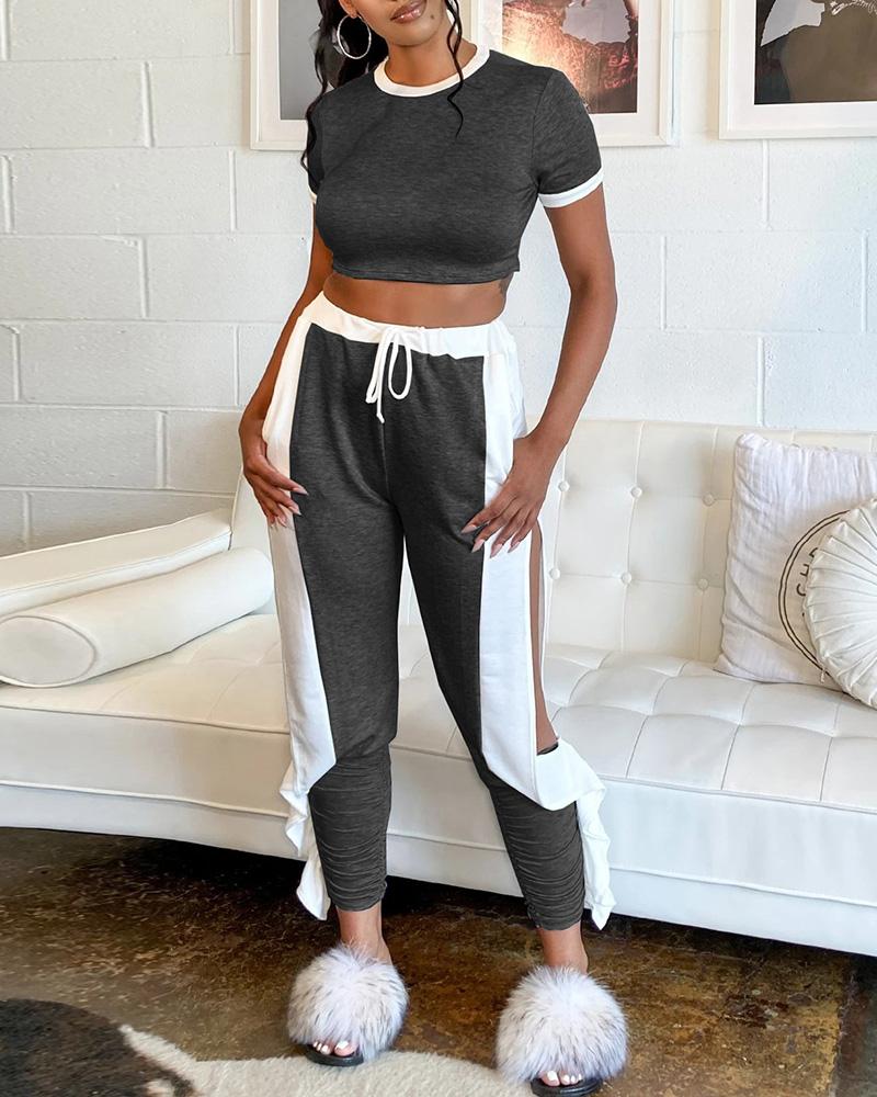 

Contrast Binding Crop Top & Slit Ruffles Pants Set, Black