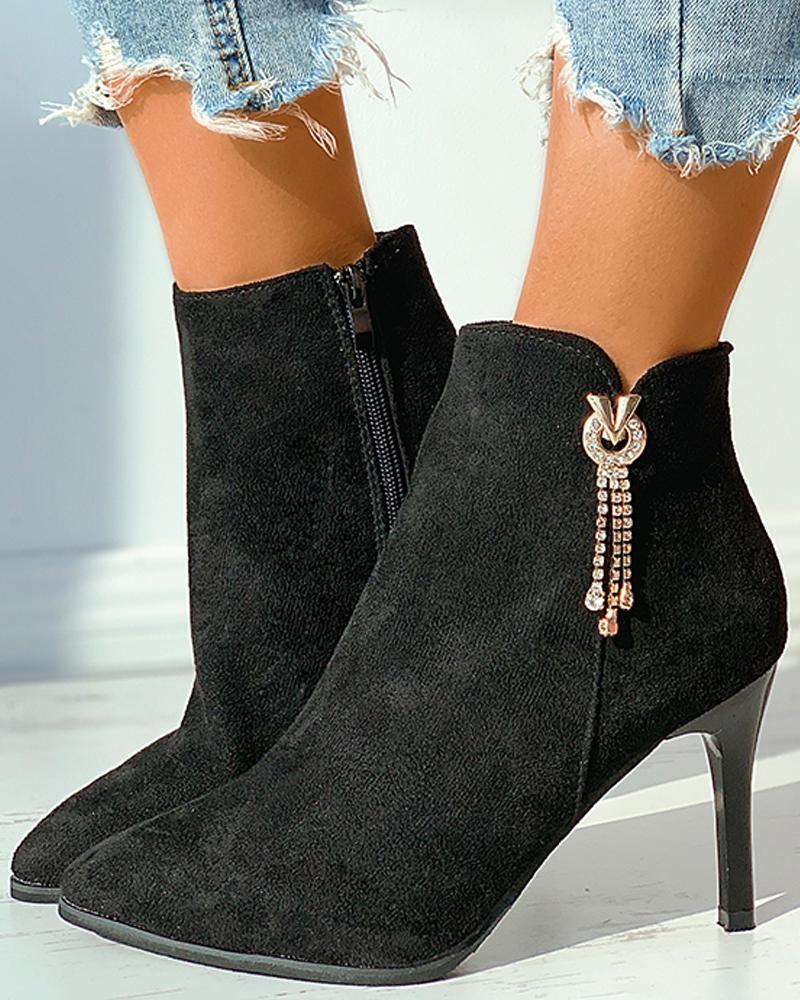 

Tassel Design Studded Stiletto Heel Boots, Black