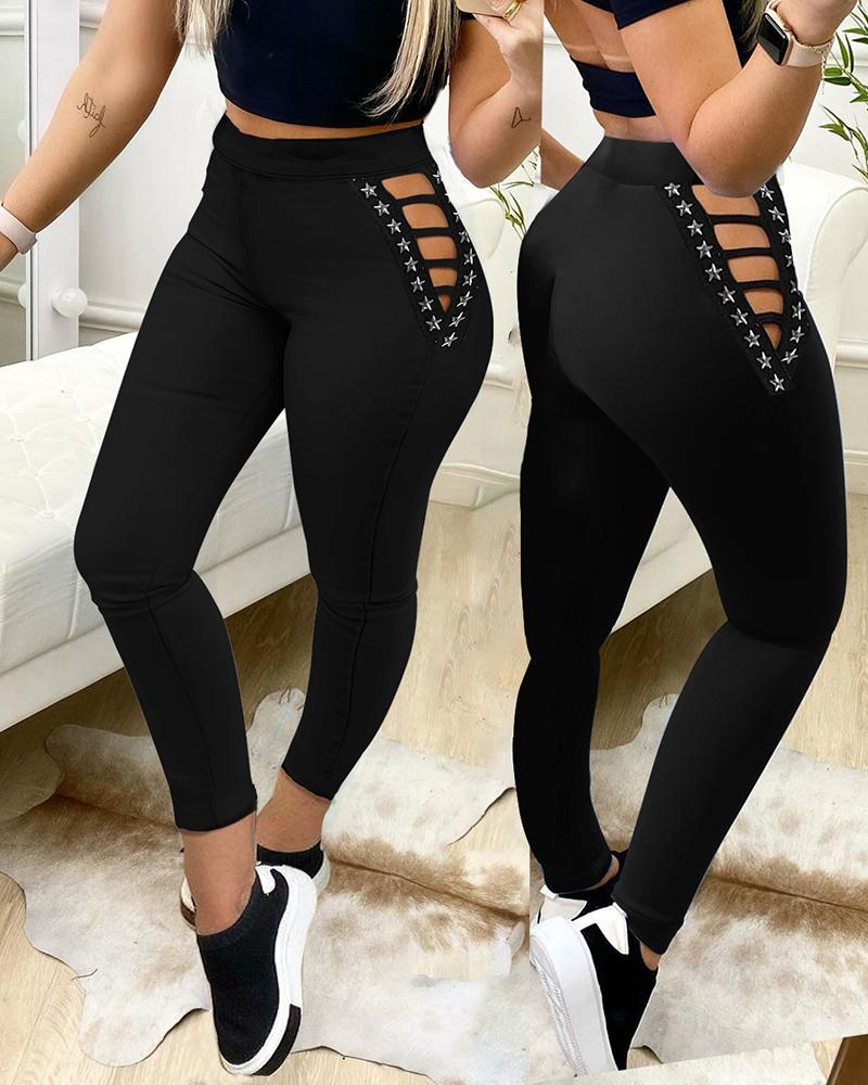 

Ladder Cutout Star Pattern Skinny Pants, Black
