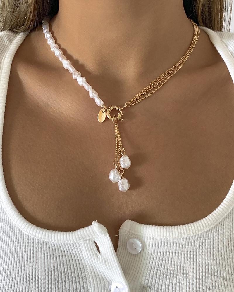 

Asymmetrical Pearls Pendant Chain Necklace, Gold