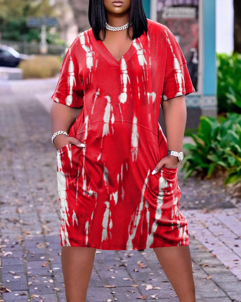 

Plus Size Tie Dye Print Pocket Detail Casual Dress, Red