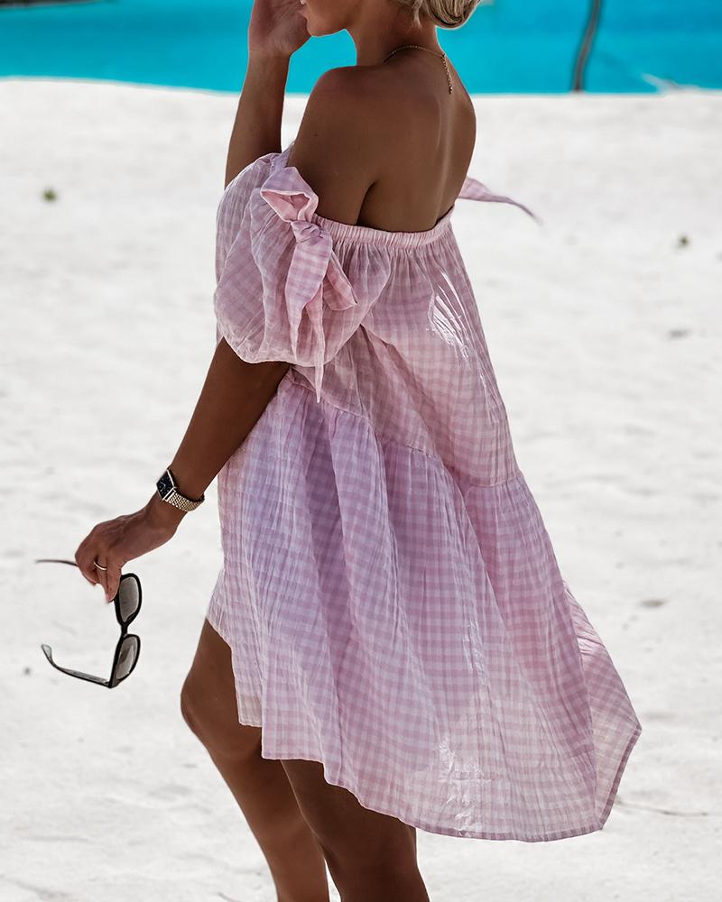 

Plaid Off Shoulder Sleeveless Mini Dress, Pink