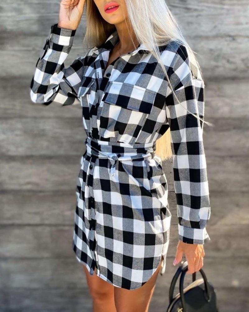 

Button Design Long Sleeve Plaid Shirt Dress, Black