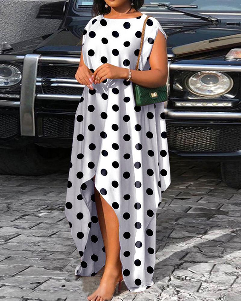 

Plus Size Polka Dot Print Dip Hem Sleeveless Casual Dress, White