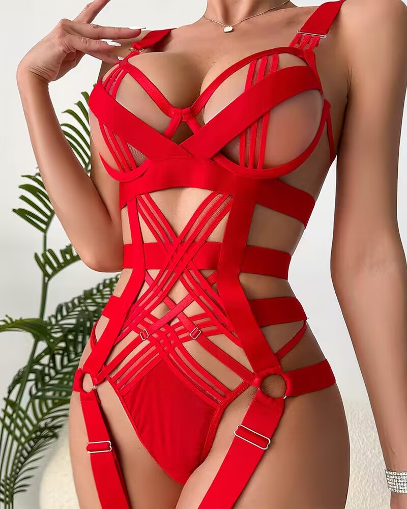 

Cutout Backless Garter Lingerie Set, Red
