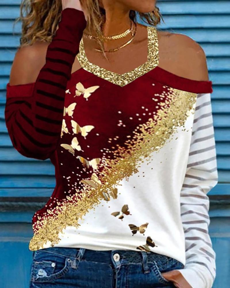

Glitter Butterfly Print Colorblock Cold Shoulder Top, Red