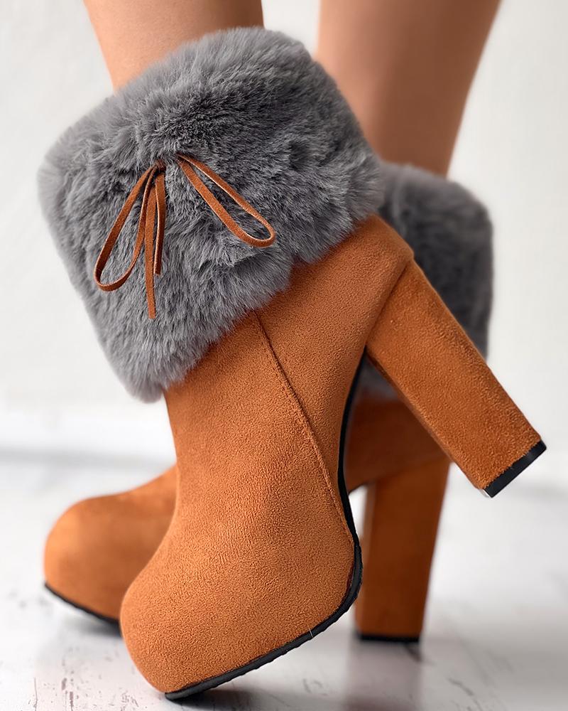 

Fuzzy Detail Chunky Heel Boots, Brown