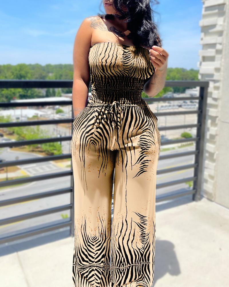 

All Over Print Shirred Pocket Drawstring Design Wide Leg Jumpsuit, Multicolor