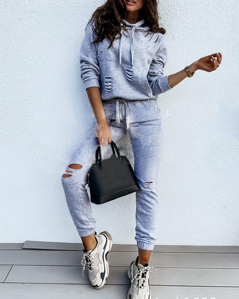 

Ladder Cutout Hooded Top & Drawstring Pants Set, Gray